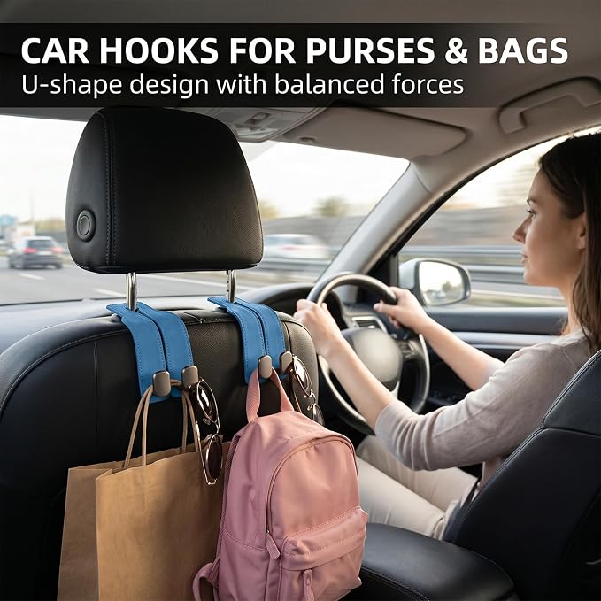 Car Seat Headrest Storage Hooks - 2 Pack Dual Hangers Design Organization Accessories, Car Interior Gadgets to Add Extra Holder and Hook for Purses,Bags,Coat and Handbag - Image 7