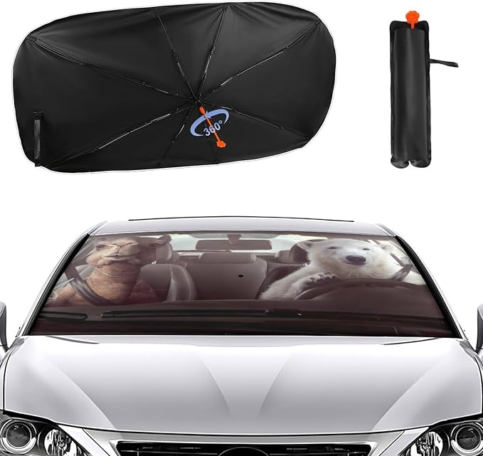 Funny Bear Driving Car Windshield Sun Shade Umbrella, Foldable Car Front Windshield Sunshade with Bendable Handle, Windshield Sun Visor for Most Vehicles - Image 2