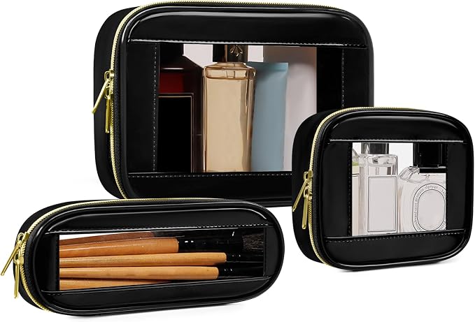 3-Piece Travel Clear Makeup Bag Set, Small Cosmetic Bag with Makeup Brush Case, Leather Waterproof TSA Approved Toiletry Bag with Zipper, Car Organization for Women (Black-2, Mini+Slim+Medium) by JRQCSJY