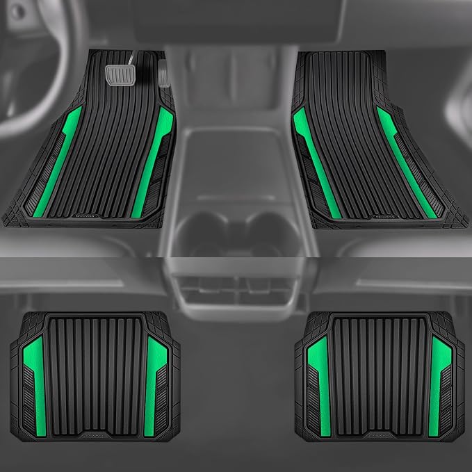 CAR PASS Heavy Duty Rubber Car Mats Metallic,Aluminum Film All Weather Floor Mats Waterproof Universal Trim to Fit SUVs Sedans Vans 4 Piece Anodized Deep Dish Two-Tone Sporty Black Green Chrome - Image 5