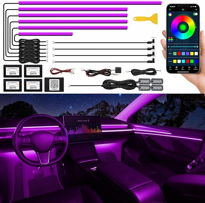 Acrylic Interior Car LED Strip Light with Wireless APP, RGB 14 in 1 with 175 inches 593 LEDs Fiber Optic Ambient Lighting Kits, 16 Million Colors Sound Active Function Car Neon Lights by MAODANER