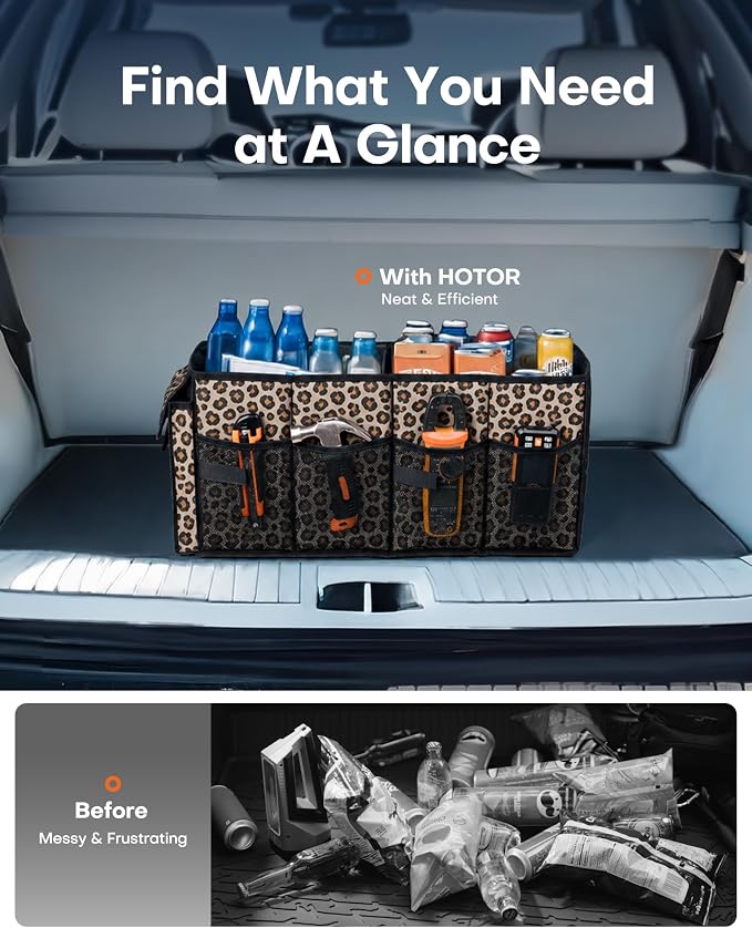 HOTOR Trunk Organizer - Foldable Car Organizer for SUVs & Sedans Storage | Sturdy Car Organization for Men & Women, Car Accessories, Tools, Brown Leopard, 2 Compartments, 21.3" x 12.6" x 10.6" - Image 6