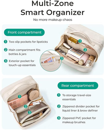 BAGSMART Travel Makeup Bag Large Capacity Cosmetic Bag, Wide-open Portable Make Up Bag Organizer for Women for Travel Essentials Travel-Size Toiletries Accessories Bottles, Brushes (Warm Gray) - Image 2