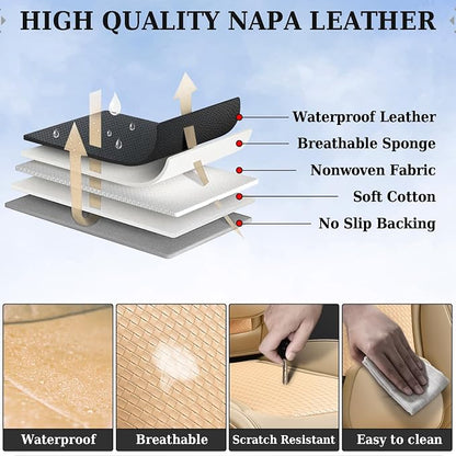 Coverado Car Seat Covers Full Set, Beige Seat Covers for Cars, Waterproof Nappa Leather Automotive Seat Covers with Lumbar Head Pillow, Car Seat Protectors, Universal Fit for Most Cars SUV - Image 9
