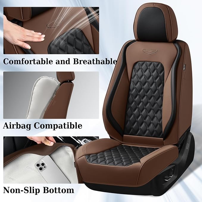 Coverado Car Seat Covers Front Seats, Premium Breathable Waterproof Faux Leather Full Set with Rear Protectors, Luxury Automotive Interior for Sedans SUVs Trucks – CoffeeBlack - Image 2
