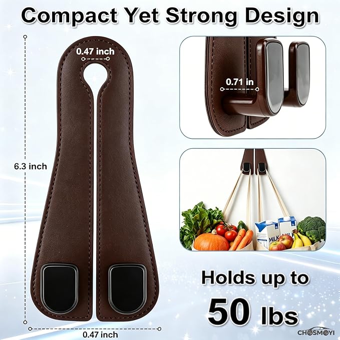 2 Pack Leather Car Headrest Hooks, Heavy Duty Double Car Hooks(Brown) | Anti-Drop Design, Holds Up to 50 lbs, Purse Hanger, Car Seat Organizer, Car Hanging Accessories - Image 2