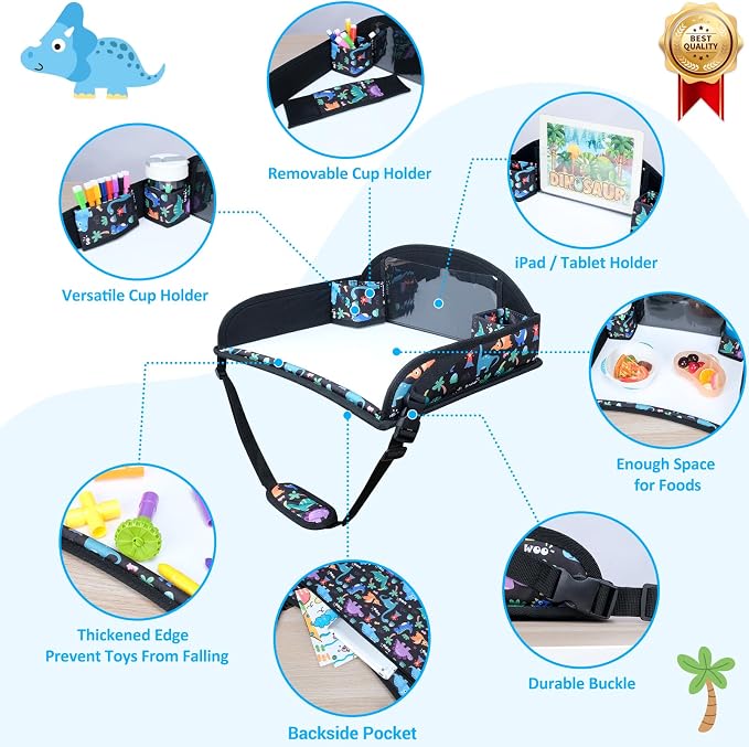 Kids Travel Tray for Carseat for Road Trip Activities, Dinosaur | Carseat Tray With 16.7" x 13.4" Smooth Dry Erase Board, Cup holders, Ddjustable Strap & Shoulder Carry Strap - Image 7