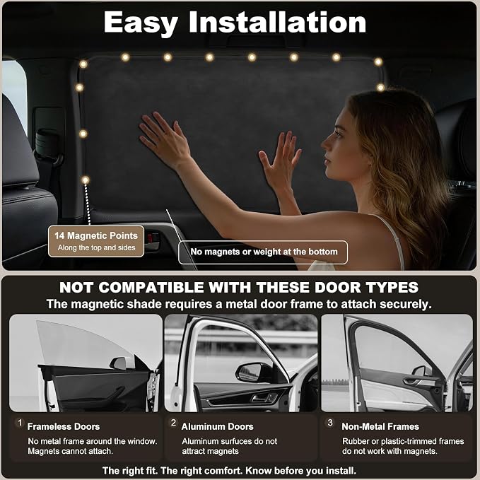 XCBYT Magnetic Car Rear Window Shades, 100% Blackout Privacy Suede | 2-Pack 100% blackout keeps the backseat cool for baby naps. Premium soft suede. Fits iron frames only (30.3x18.9") - Image 3