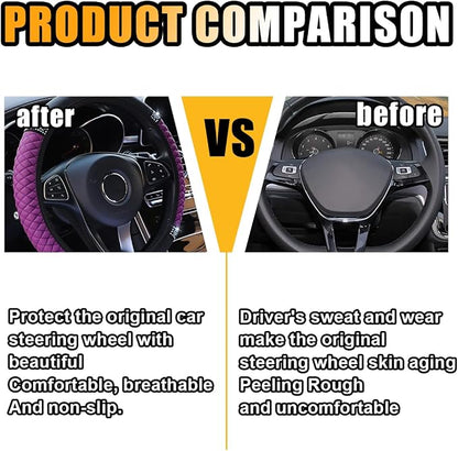 JOYCOURT 15 Inch Bling Soft Leather Car Steering Wheel Cover, Purple | Colorful Rhinestones Design, Auto Elastic Protector for Women Girls, Crystal Diamond Car Accessories for Most Cars, SUVs - Image 3