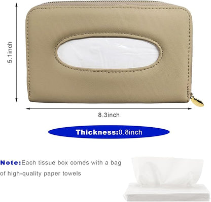 Car Tissue Holder, PU Leather Auto Sun Visor Tissue Case Napkin Holder with Zipper, Rectangular Mask Dispenser Hanging Paper Towel Organizer for Cars SUVs Trucks RVs (Beige) - Image 2