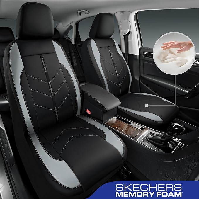 Skechers Car Seat Covers,Luxury Faux Leather Seat Covers,Waterproof Anti Slip Car Seat ProtectorFull Set,Car Accessories Airbag Universal Fit for Most Cars,Vans,Trucks,SUV,Grey - Image 2