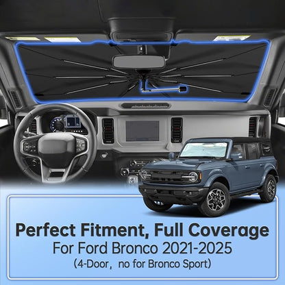 Windshield Sun Shade Umbrella for Ford Bronco(not for Bronco Sport) 21-25 | Foldable Car Sunshade for Bronco(4-Door), 360 Rotation Automotive Interior UV Protection for Outdoor Parking - Image 2
