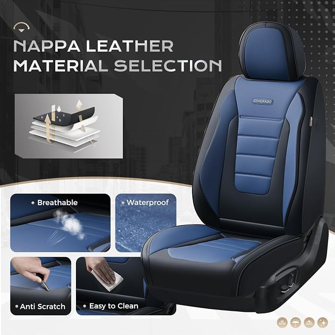 Coverado Car Seat Covers Full Set, Nappa Leather Seat Covers for Cars, Car Seat Protector Car Seat Cushion, Front and Back Seat Protectors Cushions Universal Fit for Most Cars Vehicles(Black&Blue) - Image 2
