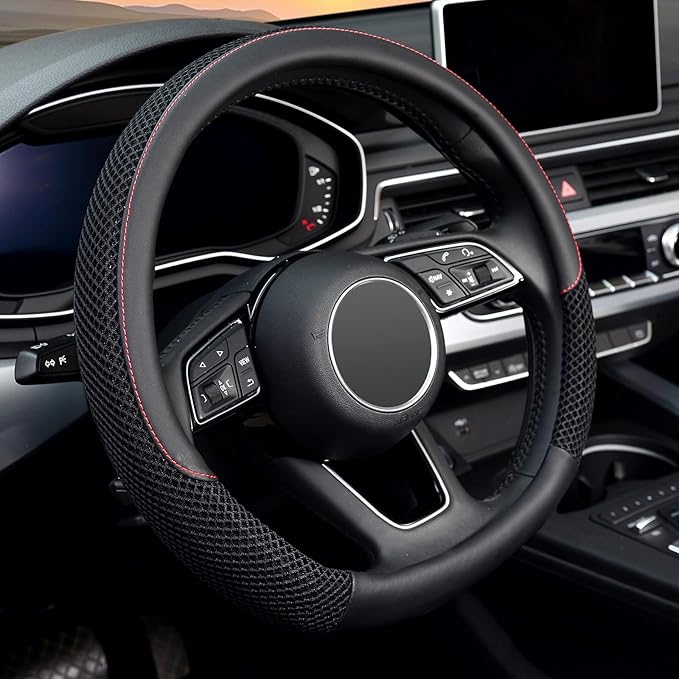 KAFEEK D Shape Steering Wheel Cover, Universal 15 inch, Black | Microfiber Leather Viscose, Breathable, Anti-Slip, Warm in Winter and Cool in Summer by KAFEEK