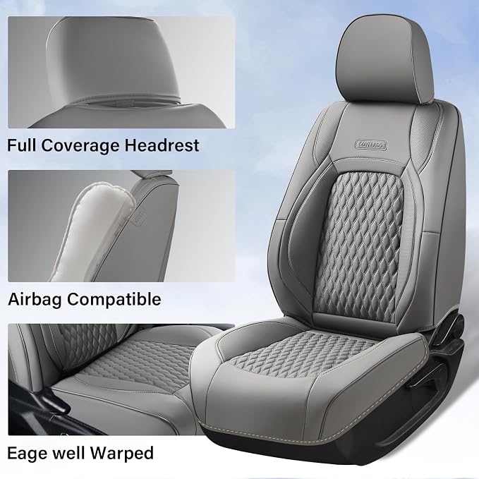Coverado Chevy Chevrolet Silverado GMC Sierra Seat Covers Full Set, Custom Fit for 2014-2018 1500, 2015-2019 2500HD 3500HD Crew Double Extended Cab Truck, Waterproof Leather Car Seat Covers (Gray) - Image 6