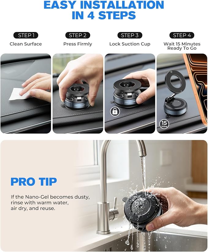 Jononser Magnetic Car Phone Holder for MagSafe, Nano-Gel Suction Cup Car Phone Mount for Car Dashboard & Windshield, Pocket-Size Foldable 360° Adjustable Car Mount for iPhone 17 16 15 14 13 12 Series - Image 8