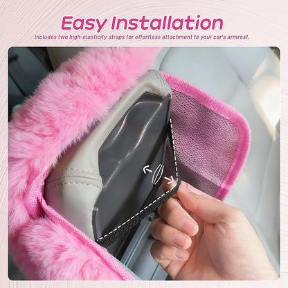 Fluffy Car Armrest Cover with Side Pockets – Plush Fuzzy Fur Center Console Armrest Cushion Pad, Universal Winter Car Interior Protector, Soft Arm Rest Cover with Storage for Women & Men (PINK) - Image 5