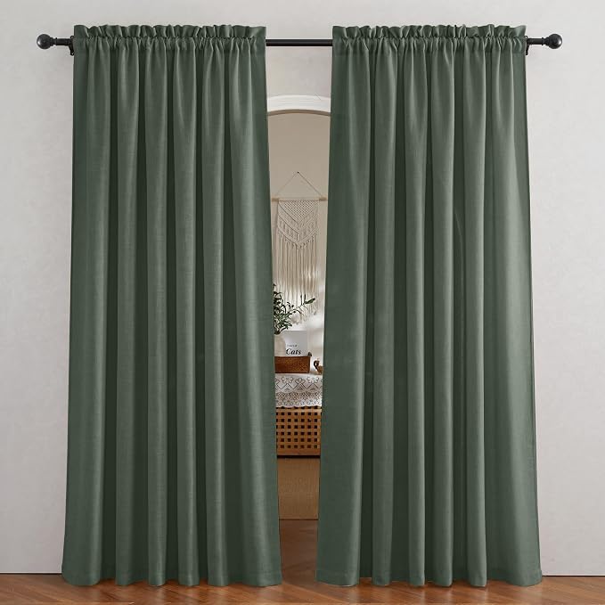 RYB HOME Green Linen Curtains 84 inches Long for Living Room Kids Room, Light Filtering Privacy Protection Home Decor 2 Panels Set for Sliding Glass Door, W 52 x L 84 inches, Hunter Green - Image 7