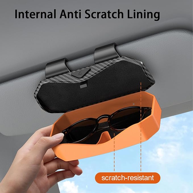 Sunglasses Holder for Car Visor, One-Handed Press to Open Car Glasses Case, Carbon Fiber Texture Visor Accessories Stability for Truck SUV Sedan, Anti-Scratch Velvet Interior (Orange) - Image 4