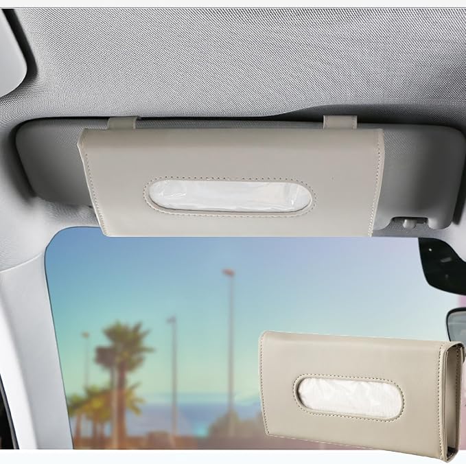 YVPSI Car Tissue Holder Sun Visor Napkin Holder with Tissue (Beige) | Refill Car Mask Holder PU Leather Tissue Box Tissue Box Holder Hanging Tissue Holder Mask Dispenser for Car - Image 5
