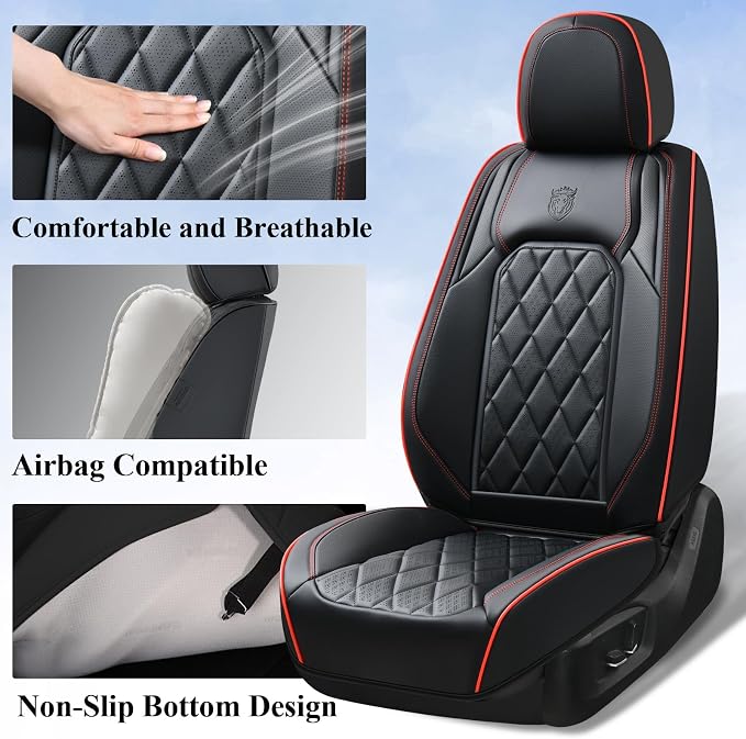 Coverado Seat Covers, Car Seat Cover Front Seats, 2-Pack Luxury Faux Leather Car Seat Covers, Waterproof Car Seat Protector, Black Seat Cover Front Seat Cover Universal Fit for Most Cars, Black&Red - Image 3