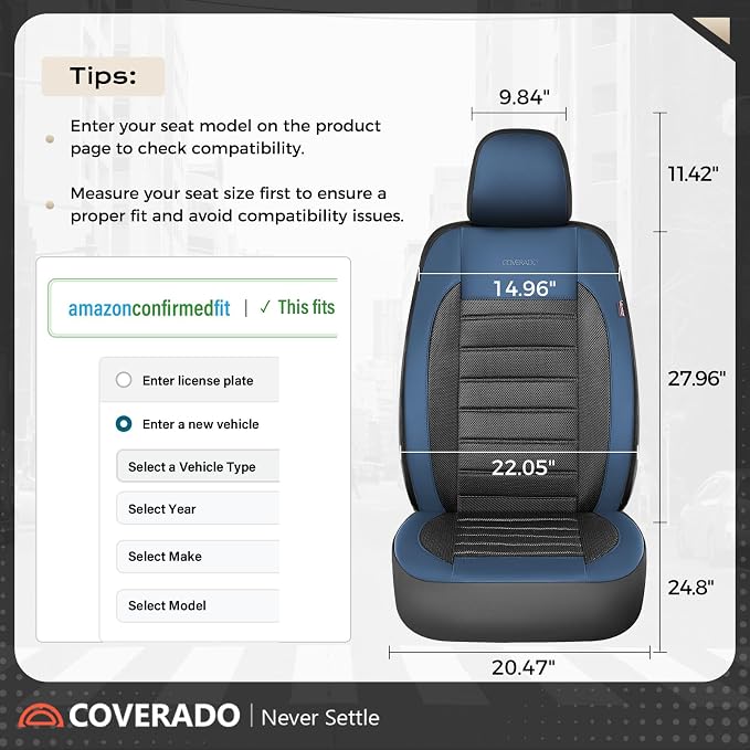 Coverado Car Seat Covers Front Seats, Luxury Leather Car Seat Covers, Automotive Mesh Seat Covers 2 Pack, Airbag-Compatible, Black Blue Seat Covers for SUV Sedan Truck - Image 6