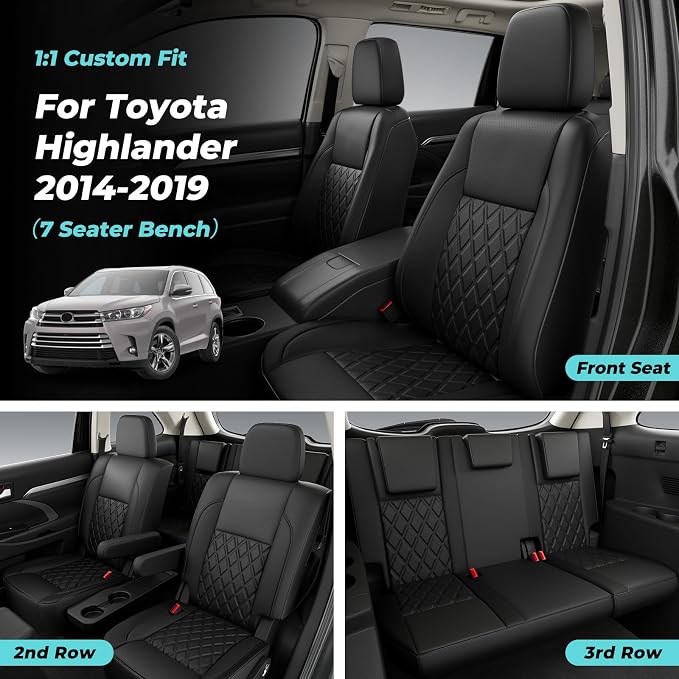 Custom Seat Covers for Toyota Highlander 2014-2019 8 Seats Black | faux leather, 2nd row 40/60 split bench, waterproof, breathable, airbag compatible, stain resistant, easy install - Image 6