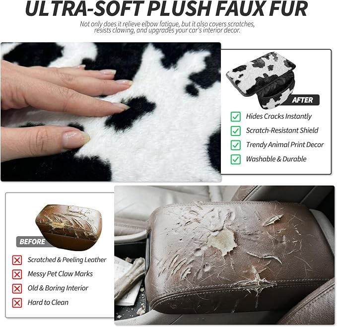 Plush Fuzzy Car Center Console Cover with 2 Side Pockets, Cow Print | Fluffy Armrest Cushion Pad,Soft Car Interior Accessories with Storage for Men & Women,Universal Fit for Vehicles SUV Truck - Image 5