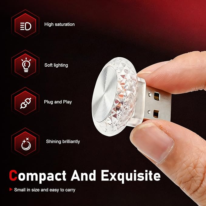 1 PC Mini USB LED Car Atmosphere Lamp, Round Crystal Plug-and-Play Car Ambient Light, Portable Personalized Auto Interior Decor Night Light, Universal for Most Cars, SUVs (Red) - Image 4