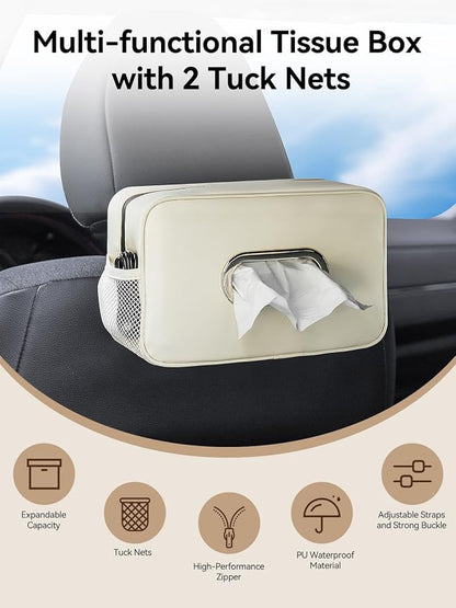 Multi-Functional Car Tissue Holder with ‌2 Storage Nets, Tissue Box Cover | PU Leather Tissue Box Cover, Large Rectangle Napkin Organizer, Fit for 100-160 Regular Size Tissues, Keep Car Tidy, Beige - Image 3
