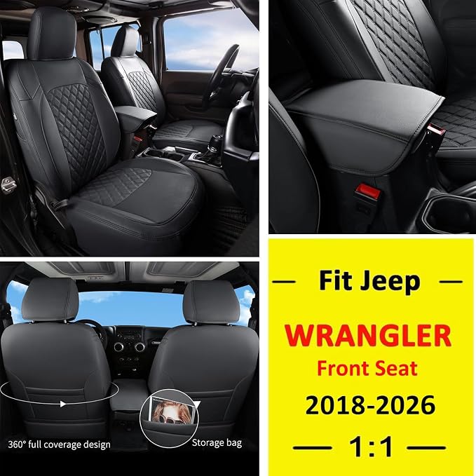 GIANT PANDA Wrangler JL Seat Covers Custom Fit for Jeep Wrangler,Premium Waterproof Faux Leather, 2018 2019 2020 2021 2022 2023 2024 2025 2026 JL 2/4 Door Front (Black - Image 2