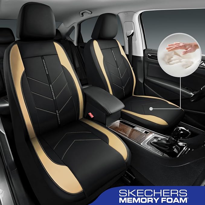 Skechers Car Seat Covers,Luxury Faux Leather Seat Covers,Waterproof Anti Slip Car Seat ProtectorFull Set,Car Accessories Airbag Universal Fit for Most Cars,Vans,Trucks,SUV,Beige - Image 2