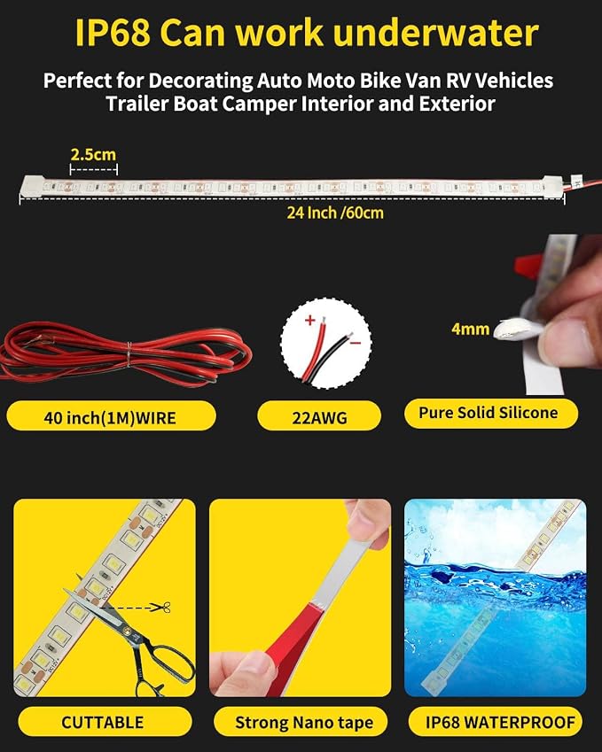 YM E-Bright Led Strip Lights for Cars Boat Motorcycle Golf Cart Interior Exterior Cuttable Underwater Marine Lighting IP68 Waterproof 24inch 60CM 72SMD 12v,Blue(Pack of 4) - Image 6