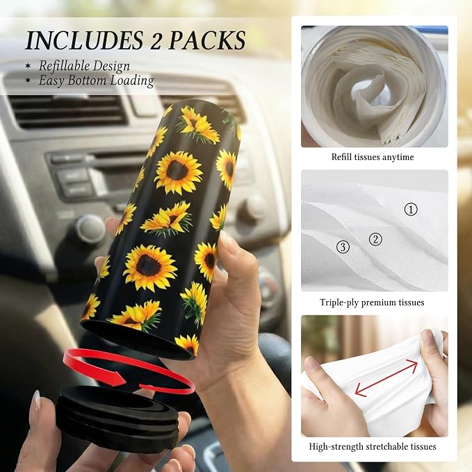 Car Tissues Cylinder for Cup Holder - Refillable Round Tissue Canister with 2 Packs Tissue - Cute Summer Floral Car Interior Accessories for Women & Men -Yellow Flower Decor (Sunflower) - Image 5