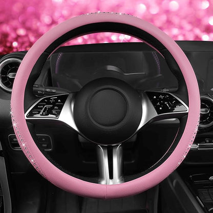 CAR PASS Bling Diamond Pink Leather Steering Wheel Cover, Studded Shining Rhinestones Universal Fit 14" 1/2-15" Glitter Sparkly Crystal Fit for Women Girl SUV,Vans,Sedans,Car,Trucks, Pink Diamond - Image 3