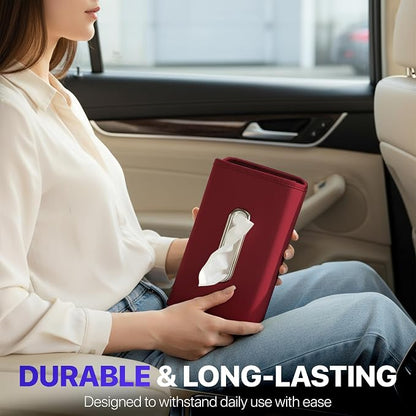 Lucrum Extra Large Car Tissue Holder - PU Leather Tissue Box Cover | Fits Regular Size Napkins Box - PU Leather Car Tissue Holder for Seat Back, Sun Visor & Console - Wine Red - Image 6