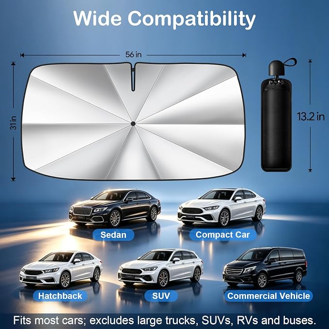 Windshield Sun Shade Umbrella, Foldable Car Windshield Sun Shade Cover, 56" x 31" UV & Heat Insulation Car Sun Shade, Universal Fit for Sedans, SUVs & Trucks - Image 7