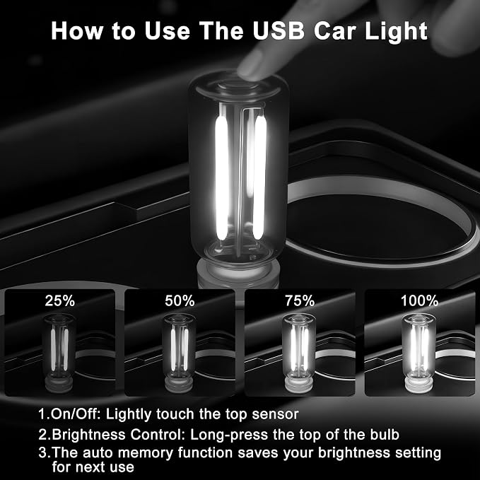 2 Packs USB Light for Car, Touch Dimmable Car Interior Ambient Lights - Portable Mini USB LED Light Bulb, Retro Glass Bottle Night Light for Vehicle, Bedroom, Hallway, Camping (White) - Image 4