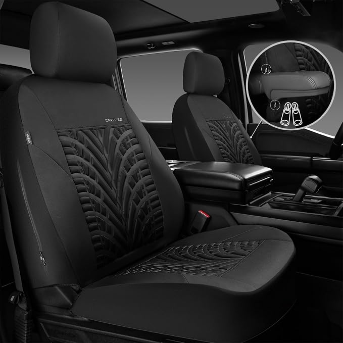 CAR PASS Neoprene Waterproof Seat Covers,Wetsuit Car Seat Covers Front Seats Universal Fit for Vans, Truck, SUV Two Front Only, 3D Tyre Embossed Anti Slip with Armrests, Airbag Compatible(Black) - Image 2