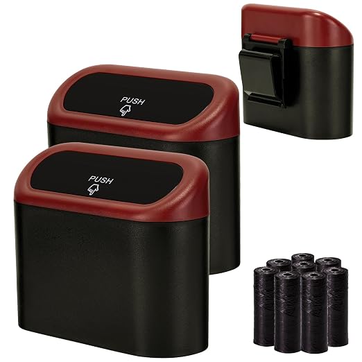 Ginsco Mini Car Trash Can with Lid, Small Car Garbage Can, Cute Leakproof ABS Car Trash Bin, Car Accessories for Interior, Garbage Bin for Car, Home, Office with 120pcs Trash Bags Black/Red by Ginsco