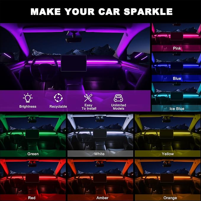Acrylic Interior Car LED Strip Light with 6mm Sewing Edge - 43.3 inches Ambient Lighting Kits,Neon LED Strip Light(110CM/43.3IN, Yellow) - Image 2