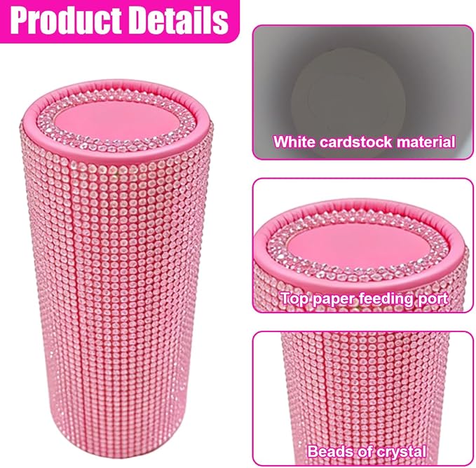 Craedli Bling Car Tissue Holder for Cup Holder, Sparkly Crystal Rhinestone Round Cylinder Car Tissue Box, Refillable Tissues Dispenser Auto Interior Paper Napkin Container with 1 Pack Tissues (Pink) - Image 3