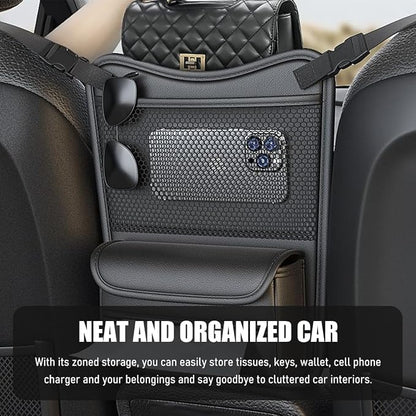 Car Organizer Storage Between Seats, Nappa Leather Front Seat Storage Bag with Tissue Holder, Automotive Console Hanging Net Pocket Handbag Holder for Phone Document (Black) - Image 3