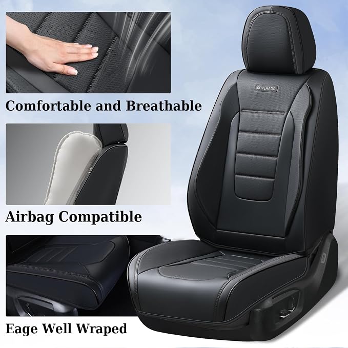 Coverado Car Seat Covers Full Set, Black Seat Covers for Cars, Car Seat Cover, Car Seat Protector, Nappa Leather Car Seat Cushion, Waterproof Car Seat Covers Front Seats and Back Fit for Most Cars - Image 5