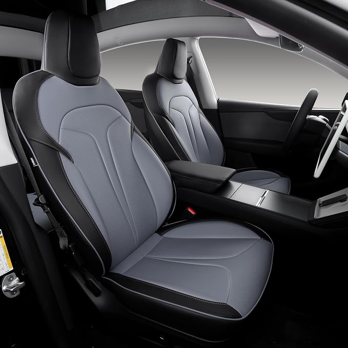 Custom Seat Covers for 2025 2026 Tesla Model Y Juniper 5-Seater, Black+Grey | Waterproof Breathable Nappa Leather, OEM Factory Style Full Set, Full Coverage Design with Armrest Covers, Airbag Compatible by Unknown