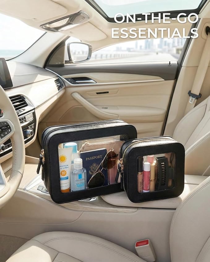 2Pcs Clear Window Travel Cosmetic Bag Set,Waterproof PU Portable Sunscreen Storage Pouch,Square Makeup Organizer Case,Summer Beach Vacation Toiletry Bag for Skincare(2Pack-Standard & Square, Black) - Image 4