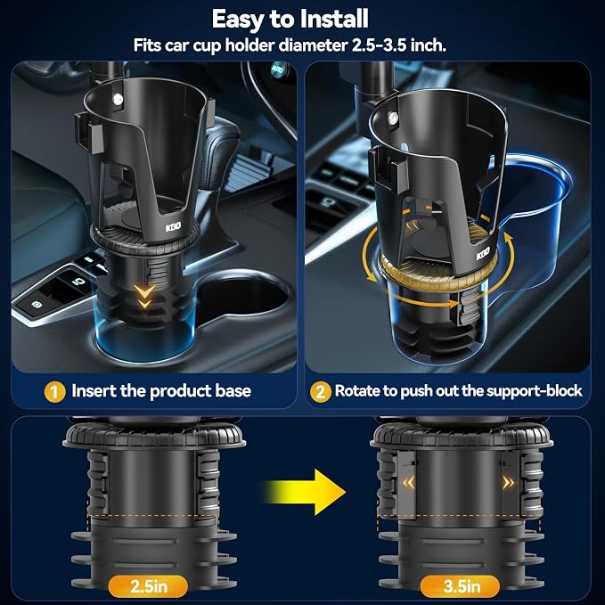KDD Car Cup Holder Expander - 3 in 1 Cup Holder Adapter with Adjustable Base - Detachable Phone Holder & 360° Rotation Food Tray for Car - Compatible with Vehicles, Car, Road Trip Essentials - Image 6