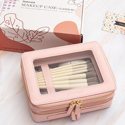 Aveniee XL Clear Makeup Organizer,Double Layer Travel Cosmetic Case with Brush Holder & Zippered Compartments, Large Toiletry Bag Train Case for Women.2 Layers, Pink - Image 3