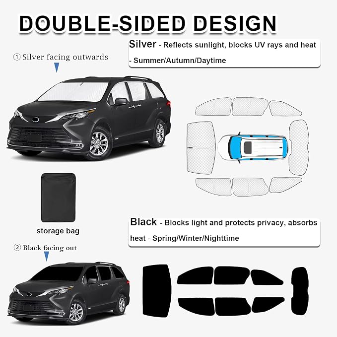 KMF 8pcs Thicken Full Sun Shades for Toyota Sienna 2021-2025 2026 Accessories,Car Window Covers Sunshade for Windshield Side Rear, UV Block and Blackout Privacy for Camping Outdoor - Image 4