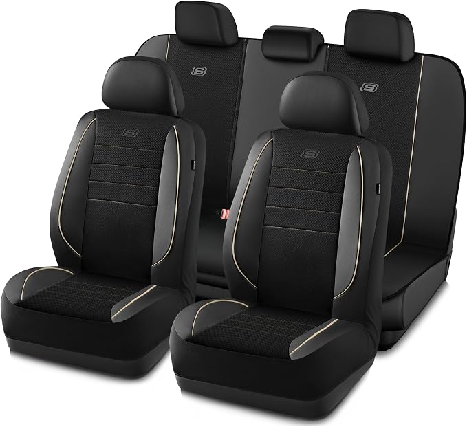 Skechers Air-Cooled Memory Foam Seat Cover, Mesh Thick Car Seat Covers,Piping Leather Car Seat Cover Full Sets,Airbag Compatible,Automotive Comfort Universal Fit Most Cars,Vans,Trucks,SUV,Beige by Unknown